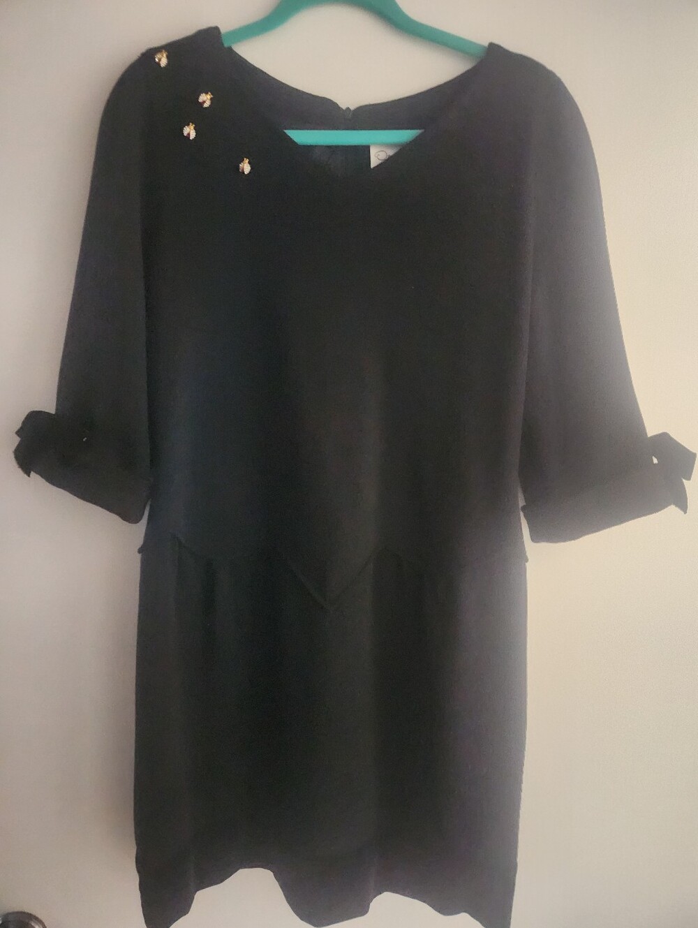 Vintage Oscar De La Renta Black Women's Shift Dress with Gold Ladybug Accents